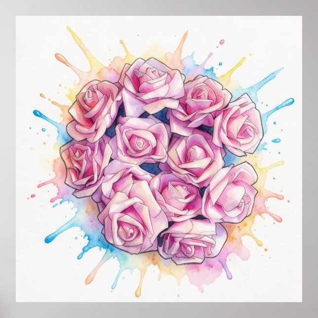 Großes Poster Art mit rosa Rosen-Spritzer (Vorne)