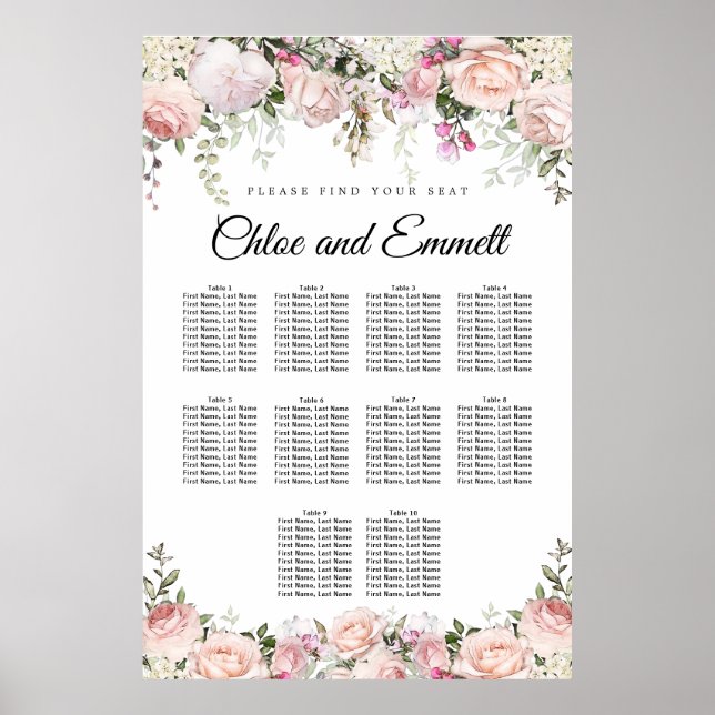 Grosses rosa, florales 10-Tisch-Hochzeitsdiagramm Poster (Vorne)