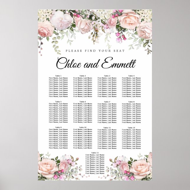 Grosses rosa, florales 13-Tisch-Hochzeitsdiagramm Poster (Vorne)