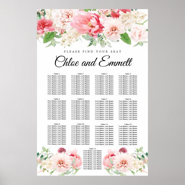 Grosses rosa, florales 13-Tisch-Hochzeitsdiagramm Poster (Vorne)
