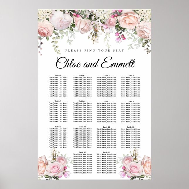 Grosses rosa, florales 14-Tisch-Hochzeitsdiagramm Poster (Vorne)