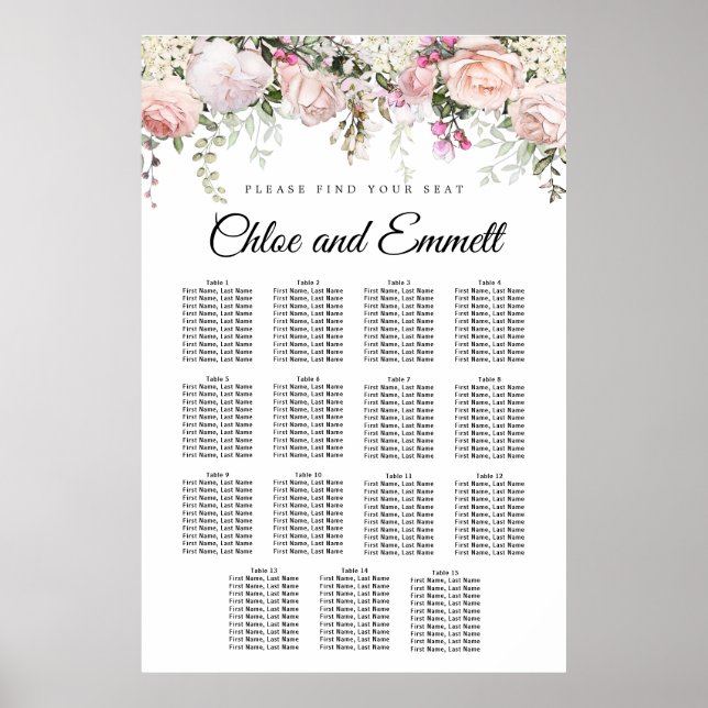 Grosses rosa, florales 15-Tisch-Hochzeitsdiagramm Poster (Vorne)