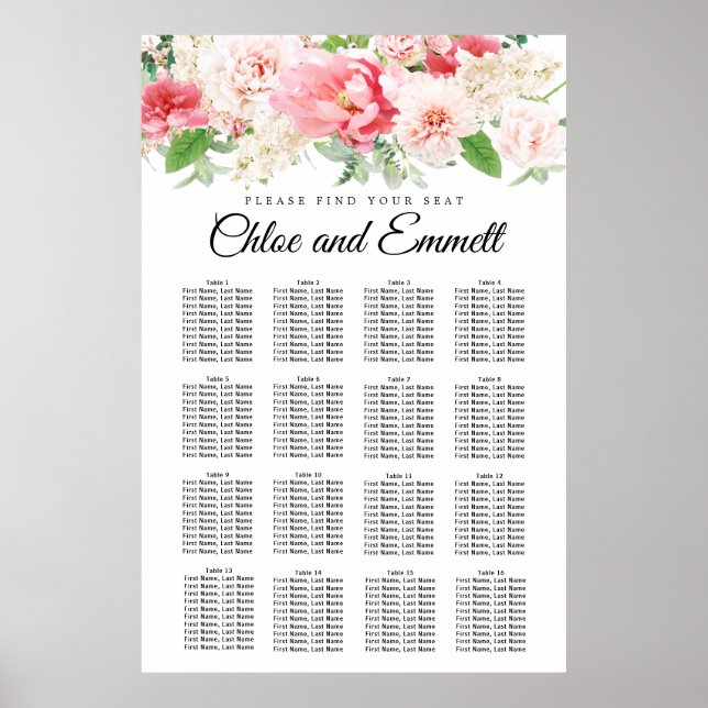 Grosses rosa, florales 16-Tisch-Hochzeitsdiagramm Poster (Vorne)
