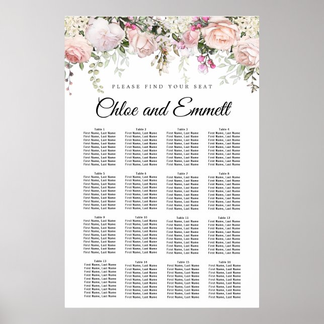 Grosses rosa, florales 16-Tisch-Hochzeitsdiagramm Poster (Vorne)