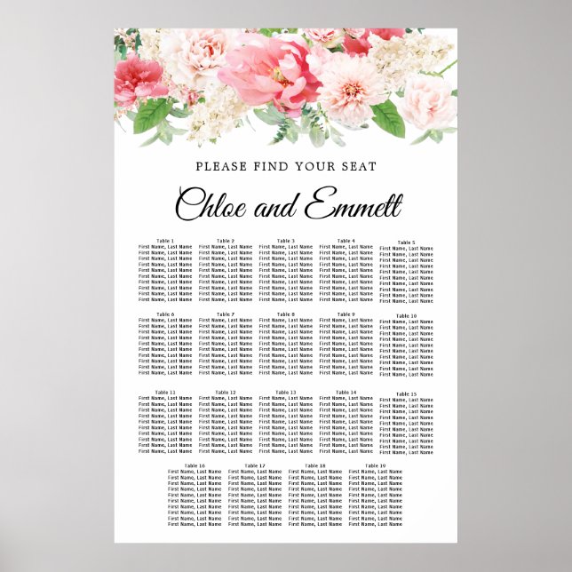 Grosses rosa, florales 19-Tisch-Hochzeitsdiagramm Poster (Vorne)