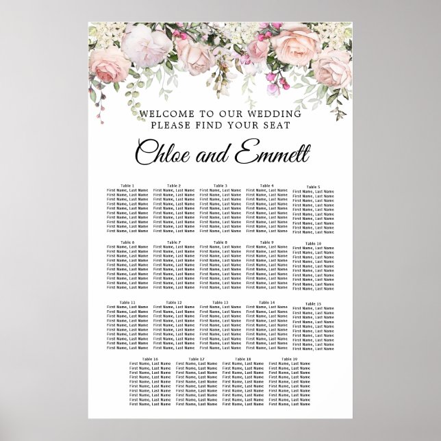 Grosses rosa, florales 19-Tisch-Hochzeitsdiagramm Poster (Vorne)