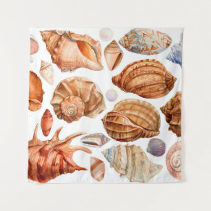 großes Set Muscheln auf einem abgeschiedenen, weiß Wandteppich