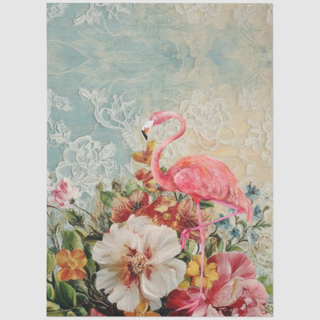 Grosses Shabby Chic Rosa Flamingo Blumendekoupage Seidenpapier (Vorderseite)