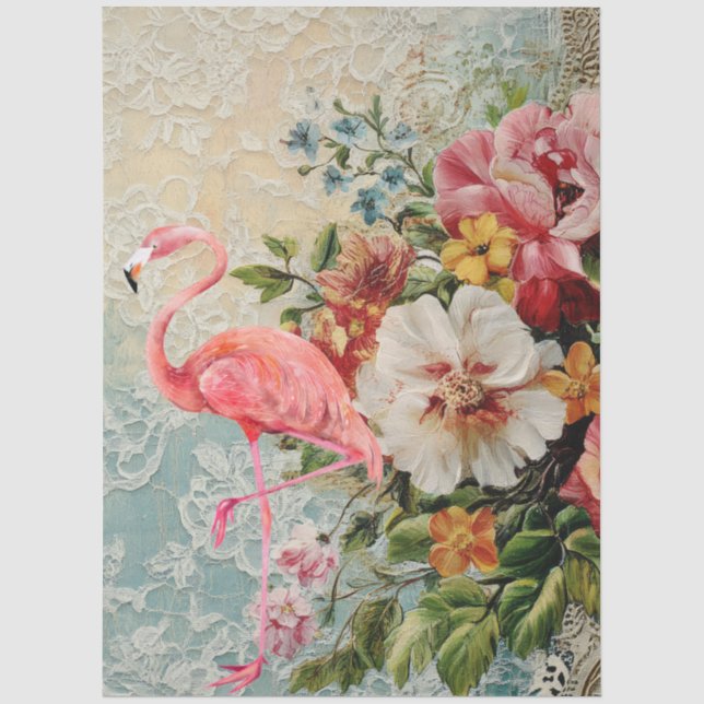 Grosses Shabby Chic Rosa Flamingo Blumendekoupage Seidenpapier (Vorderseite)