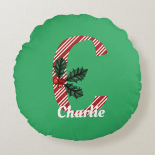 Großes Weihnachts-Candy-Cane-Streifen-Buchstabe C  Rundes Kissen