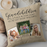 Großkinder Gedicht 3 Foto Collage Beige Kissen<br><div class="desc">Kissen für Großeltern oder Enkelkinder nach Maß. Das Gedicht lautet "Enkel füllen einen Platz in Ihrem Herzen, von dem Sie nicht wussten, war leer" und ist mit eleganter Kalligraphie und skurrilen Großbuchstaben geschrieben. Die Fotovorlage ist für Sie ein Set, drei Ihrer Lieblingsbilder hinzuzufügen, die in einer sich überschneidenden Foto-Collage angezeigt...</div>