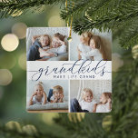 Großkinder machen das Leben großartig | 8 Mini-Fot Keramikornament<br><div class="desc">Mit diesem wunderschönen Collage Foto-Ornament kreieren Sie ein süßes Geschenk für eine geliebte Oma oder einen Großvater. "Großkinder machen das Leben großartig" erscheint in der Mitte in marineblau kalligraphischer Schrift. Anpassen mit 8 rechteckigen Mini-Fotos ihrer Enkel,  und fügen Sie ihre Namen und das Jahr auf der Rückseite.</div>