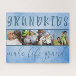 Großkinder machen Life Grand 4 Foto Collage Blue<br><div class="desc">Dieses Puzzle ist ein lustiges Foto für Großeltern. Sie können 4 Ihrer Lieblings-Fotos der Enkel, die in quadratischem Format, Foto Strip Stil angezeigt werden. Die einfache Collage ist mit dem Sprichwort "Enkel machen das Leben groß" gerahmt und ist Set vor einem blauen Hintergrund. Bitte stöbern Sie in unserem Shop für...</div>
