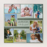 Großkinder machen Life Grand Foto Collage Square<br><div class="desc">Erstellen Sie mit 8 Ihrer Lieblingsfotos Ihr eigenes Foto-Puzzle. Die Formulierung in der Mitte ist handschriftlich und lautet "Großkinder machen das Leben groß", was dies zu einem wunderbaren Geschenk für Ihre Nana, Großmutter, Großeltern oder Enkel macht. Die Fotovorlage ist für Sie bereit, um Ihre Bilder im Uhrzeigersinn von oben links...</div>