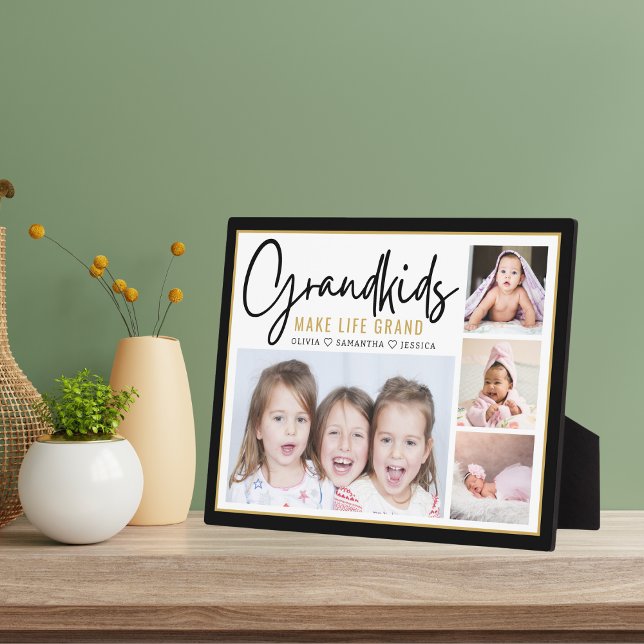 Großkinder machen Life Grand Personalisiert 4 Foto Fotoplatte (Grandkids Make Life Grand Personalized 4 Photo Collage picture frame Plaque)