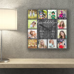 Großkinder zitieren 12 Foto Graues Holz Quadratische Wanduhr<br><div class="desc">Foto Uhr für Großeltern mit 12 Ihrer Lieblingsfotos. Erstellen Sie Ihre eigene Grid-Stil Foto-Collage und fügen Sie die Enkel-Namen (2 bis 8 Namen sieht am besten aus). Die Formulierung lautet: "Enkel füllen einen Platz in Ihrem Herzen, von dem Sie nicht wussten, war leer" in der handgeschriebenen sonderbaren Großbuchstabe und elegante...</div>
