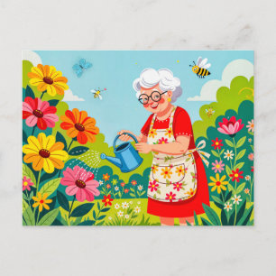Großmutter bewässert Gartenillustration Feiertagspostkarte