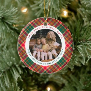 Großmutter Elegantes Tartan-Karo Foto Weihnachten Keramik Ornament