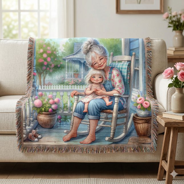 Großmutter Enkelin Veranda Umarmung Decke (Grandmother Granddaughter Porch Embrace Throw Blanket)