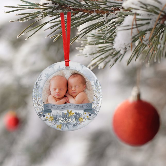 Großmutter First Christmas Blue Gold Floral Foto Ornament (Von Creator hochgeladen)