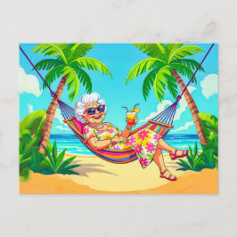 Großmutter in Hammock mit Cocktail-Illustration Feiertagspostkarte