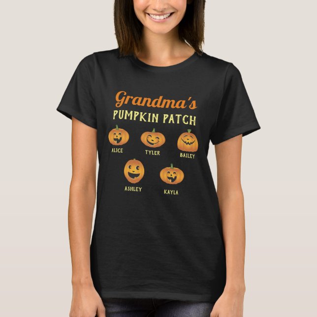 Großmutter-Pumpkin-Patch Custom-Grandkids-Namen T-Shirt (Vorderseite)