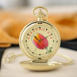 Großmutter Typografie Single Orange Tulip Foto Taschenuhr<br><div class="desc">Dieses Taschenuhrgesicht ist mit meinem nah-up Foto eines Single-Orangentulpen mit gelb geätzten Blättern und einem Lichtbrand oben entworfen. Das Design umfasst weiße 3D-Zahlen und den äußeren Ring von schwarzen Elementen. Dieses Design enthält den orangefarbenen Text GRANDMOTHER in Hohlblockbuchstaben innerhalb des Zahlenrings.</div>