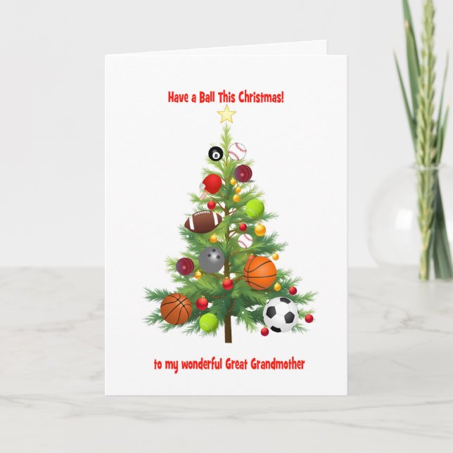 Großmutter Weihnachtsbaum mit Sportsälen Feiertagskarte (Vorderseite)