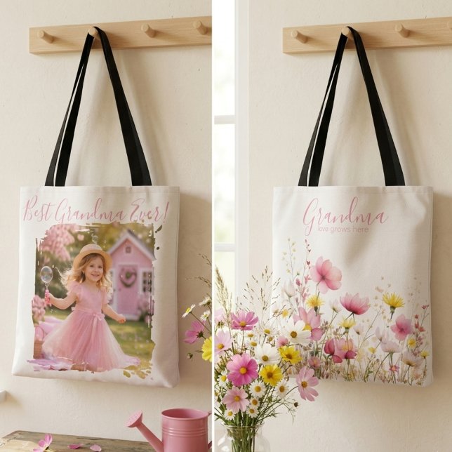 Großmutter Wilde Rosa Blume Tasche (Pink wildflower grandma photo tote)