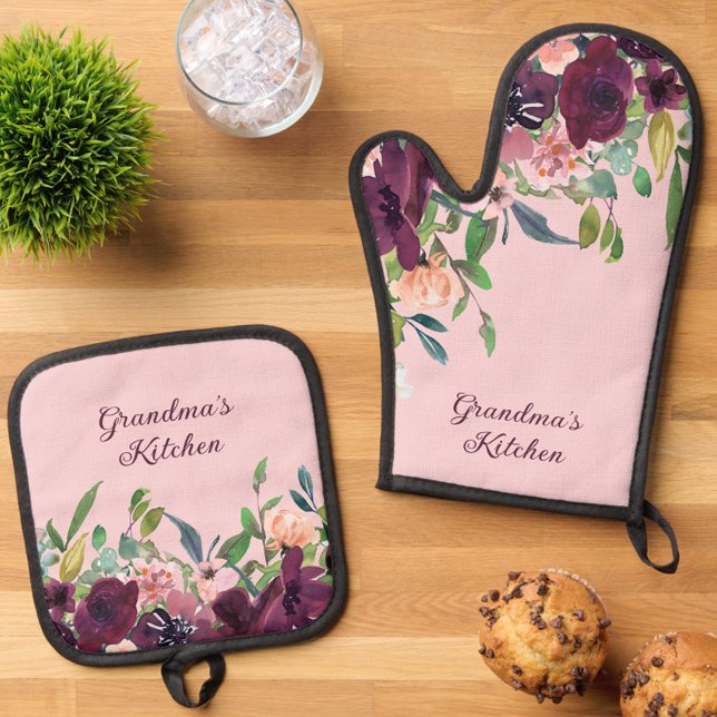 Großmutter's Kitchen Burgundy Blush Pink Floral Ofenhandschuh & Topflappen-Set (Burgundy & Blush Pink Floral Grandma's Kitchen Oven Mitt Set)