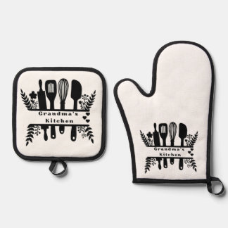 Großmutter's Kitchen: Sammlung von schwarzen Küche Ofenhandschuh & Topflappen-Set