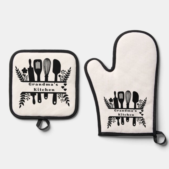 Großmutter's Kitchen: Sammlung von schwarzen Küche Ofenhandschuh & Topflappen-Set (Vorderseite)