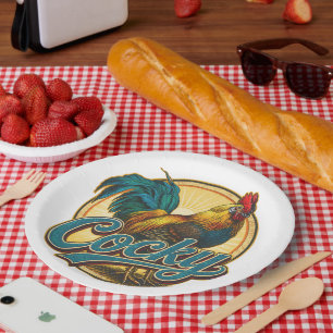 Großspuriger Hahn im Vintage-Landhausstil Pappteller