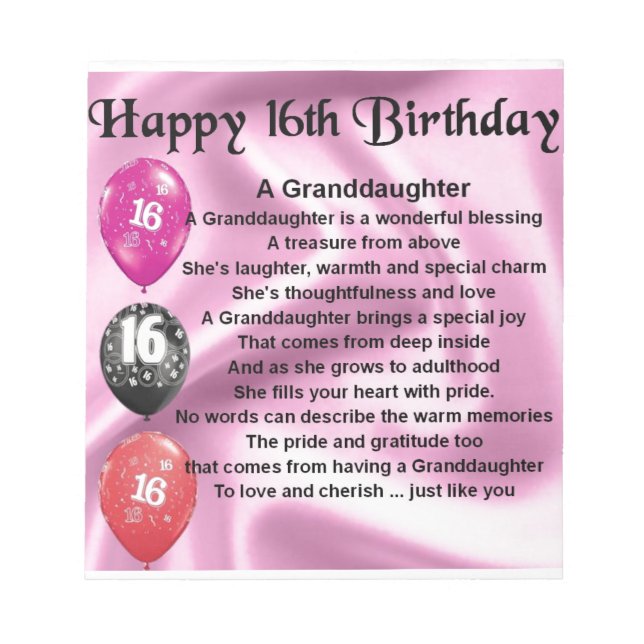 Großtochter Gedicht 16. Geburtstag Notizblock (Vorderseite)