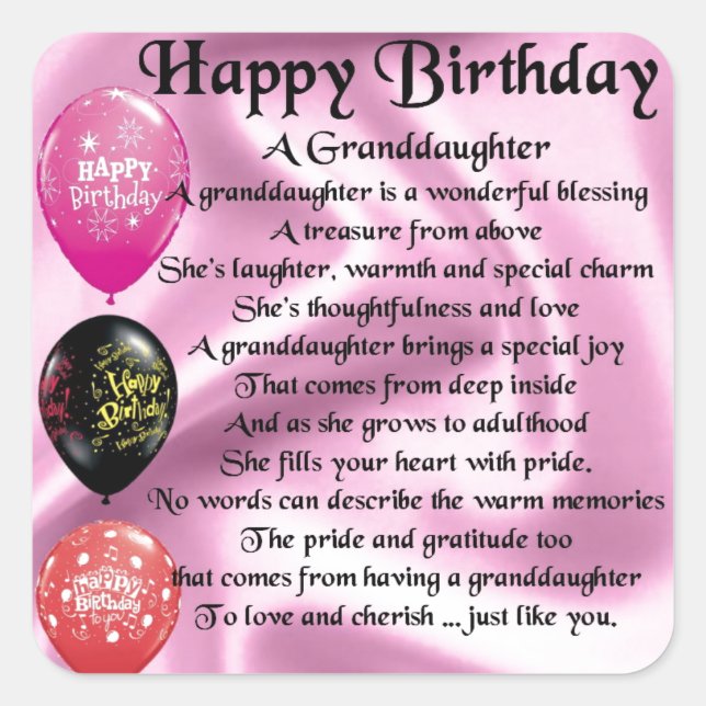 Großtochter Gedicht - Happy Birthday Design Quadratischer Aufkleber (Vorderseite)