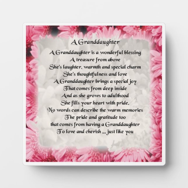 Großtochter Gedicht Plaque - rosa Blumendesign Fotoplatte (Vorderseite)