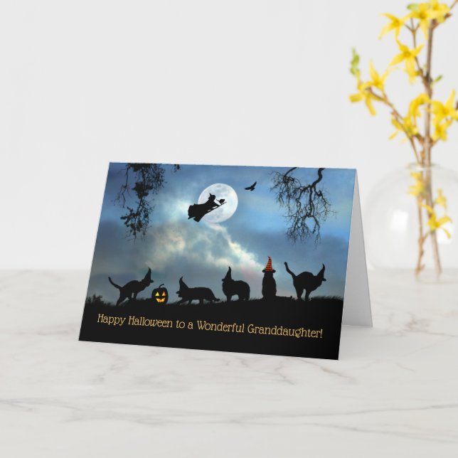 Großtochter Halloween mit Katzen und Hexe Karte (Gelbe Blume)