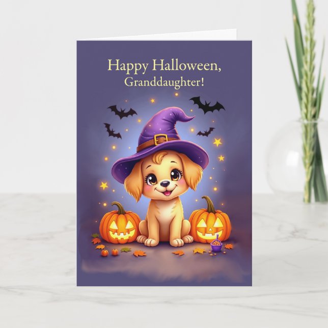 Großtochter Halloween Niedlicher Welpe in Hexenhut Karte (Vorderseite)