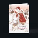 Großtochter, Hirschsuhren Mädchen machen Snowman Feiertagskarte<br><div class="desc">Auf dieser Vintagen Weihnachtskarte für die Enkelin habe ich ein süßes kleines Mädchen gemalt, das einen roten Schal um den Hals eines großen Schneemanns bindet. Ein niedliches Hirsch sieht an. Das Mädchen trägt ein langes Kleid unter einem schweren roten Mantel mit einem weißen Pelzeffekt, der auf Ärmel und Haube trimmt....</div>