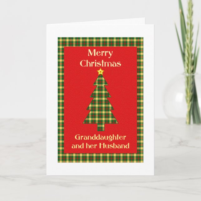 Großtochter und Ehemann Tartan Weihnachtsbaum Feiertagskarte (Vorderseite)