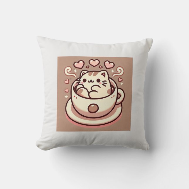 Großzügige Cat & Coffee-Niedliche Kawaii Kitty im  Kissen (Vorderseite)