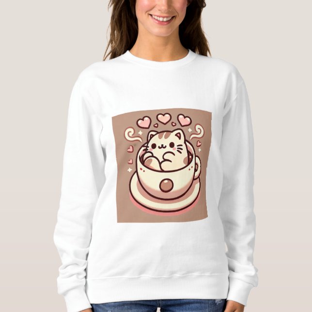 Großzügige Cat & Coffee-Niedliche Kawaii Kitty im  Sweatshirt (Vorderseite)