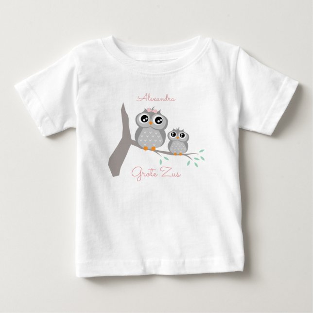 Grote zus aanpasbaar naam met uiltjes baby t-shirt (Vorderseite)