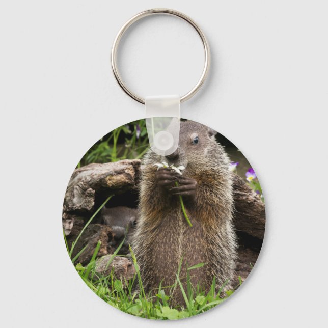 Ground Hog Munching auf einer Blume Schlüsselanhänger (Vorderseite)