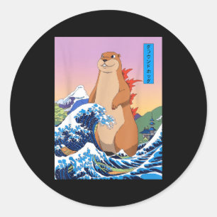 Groundhogzilla Lustige Japanische Große Welle Anim Runder Aufkleber