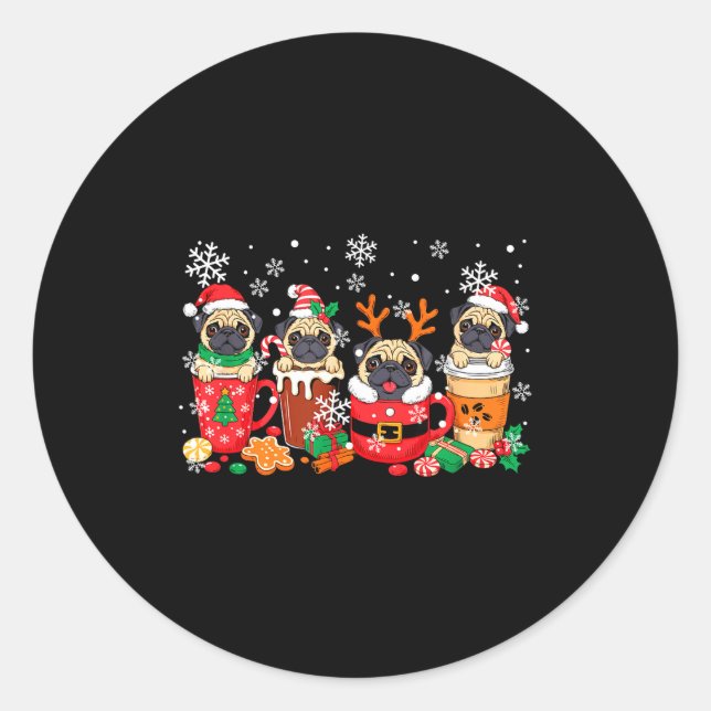 Group Santa Reindeer Pugs In Coffee C Christmas  Runder Aufkleber (Vorderseite)