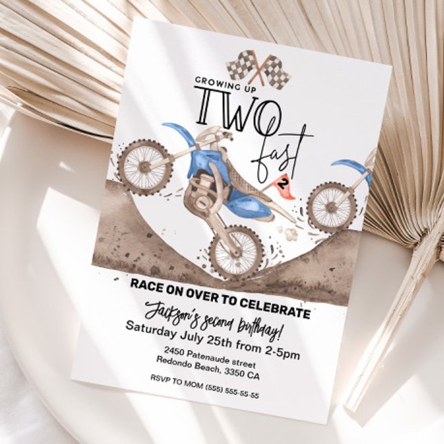 Growing up TWO FAST Blue Dirt Bike 2nd birthday  Einladung (Blue dirt bike birthday invitation, second birthday TWO FAST)