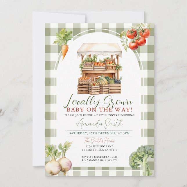 Grown Fresh Market Baby Shower Gingham Einladung (Vorderseite)