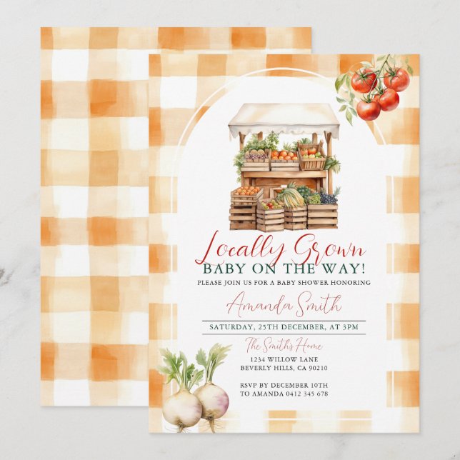 Grown Fresh Market Baby Shower Gingham Einladung (Vorne/Hinten)