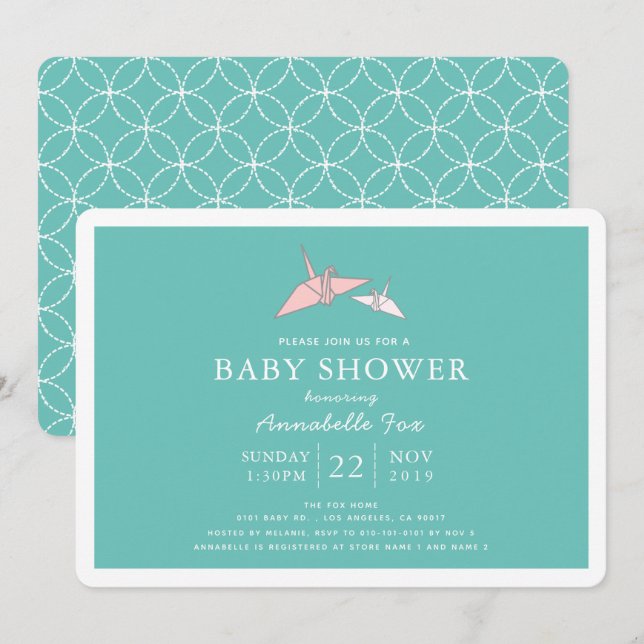 Grues en papier Origami Invitation Baby shower Tur (Devant / Derrière)